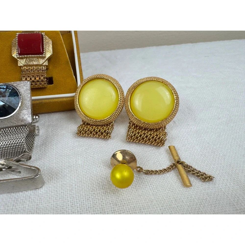 Vintage MCM Mens Cufflink Mesh Wrap Lot 6 w Tie Pins